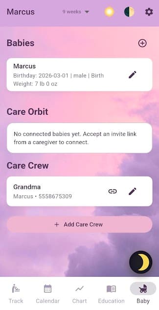 Care Orbit screen inside the Milk & Moon app — invite list and Care Crew connections