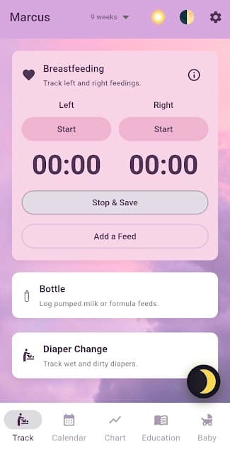 Milk & Moon app — feed tracking with breastfeeding timer, bottle, and diaper change